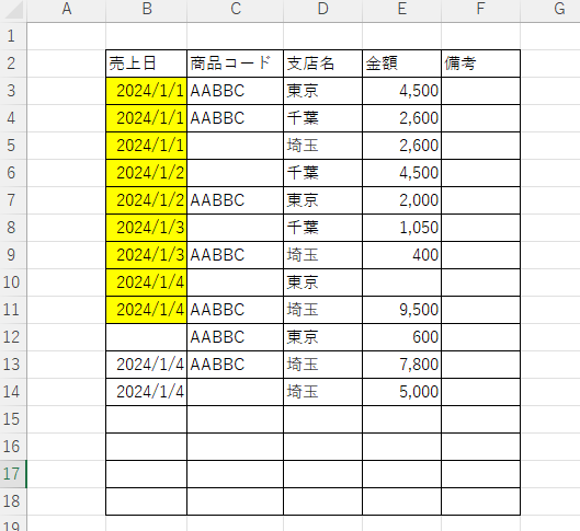 VBAで上から順に処理をして途中で止まってしまった状態