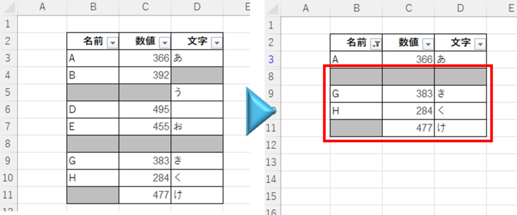 フィルタが途中で切れいている例