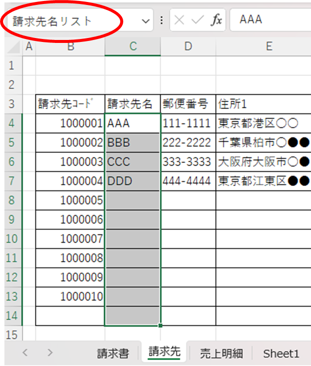 範囲に名前を付けた状態