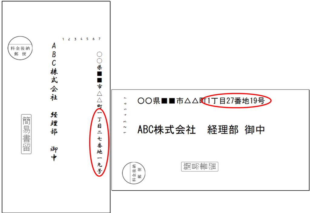 縦書きには漢数字、横書きには算用数字で住所が入力されている