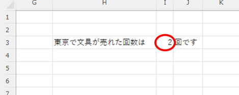 東京で文具が売れた回数「２」が表示された