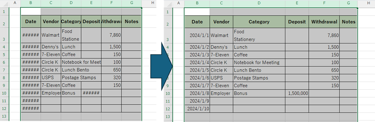 Example of automatic column width adjustment