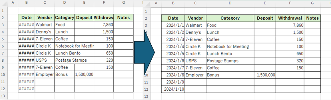 Example of adjusting column width