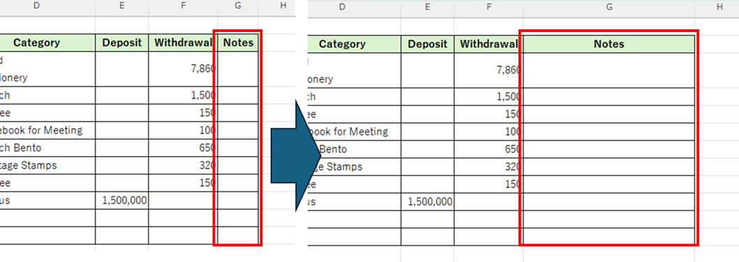 Example of specifying column widths