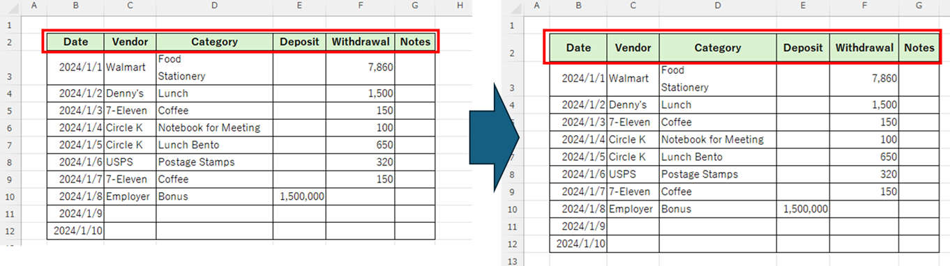 Example of specifying row height
