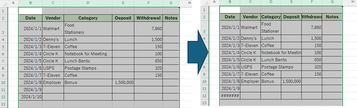 Example of changing all column widths to the same width