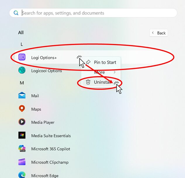 「Logi Options+」のアンインストールを選択