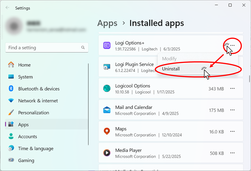 「Logi Options+」のアンインストールボタンを押す