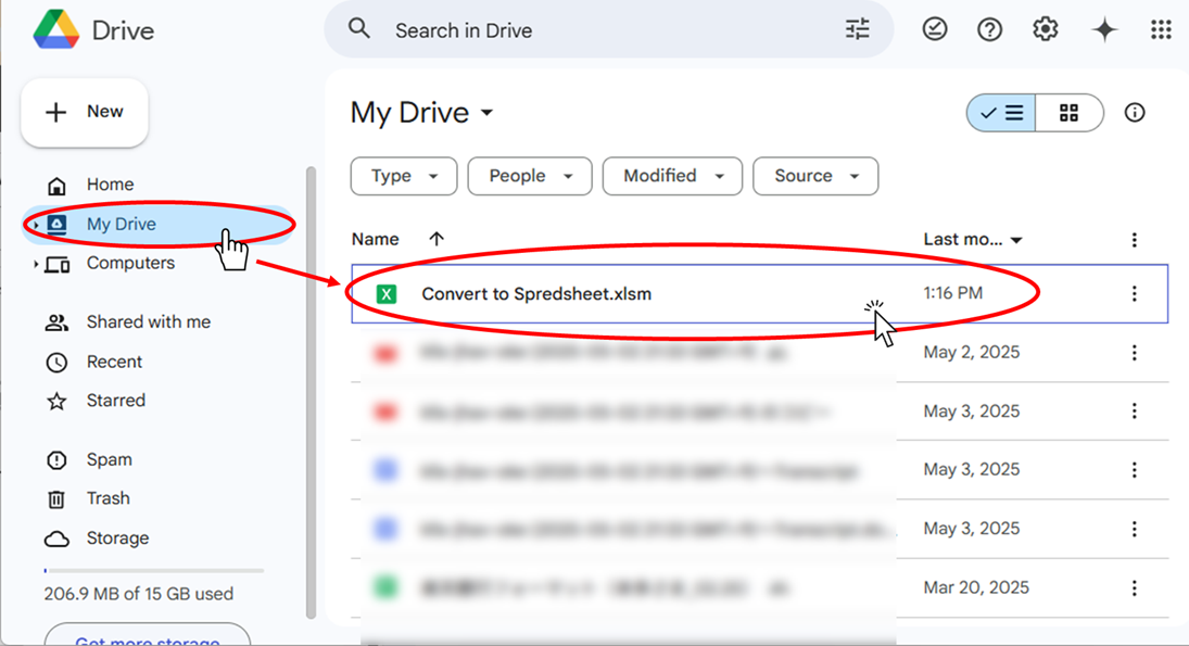 Open Excel data stored on My Drive