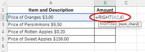 Try entering "=RIGHT(A2,3)" in the "B2" cell.