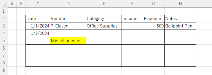 Only manually entered cells are filled yellow.