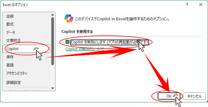 Copilotを有効にしますのチェックを入れた様子