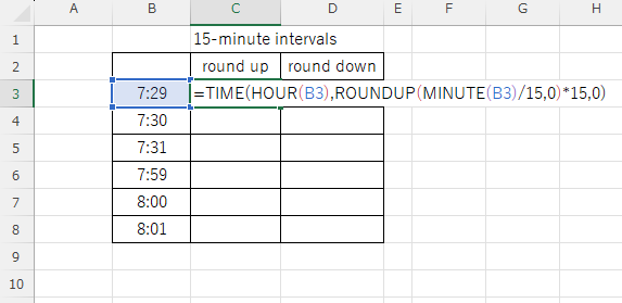 Example of entering a function to advance by 15-minute increments