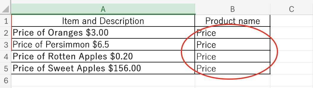 Cells "B3" through "B5" display incorrect results.