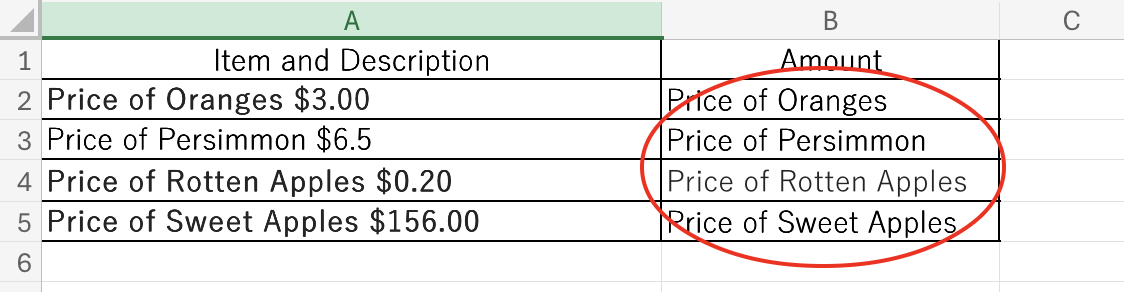 All cells now display the correct string except for the amount.