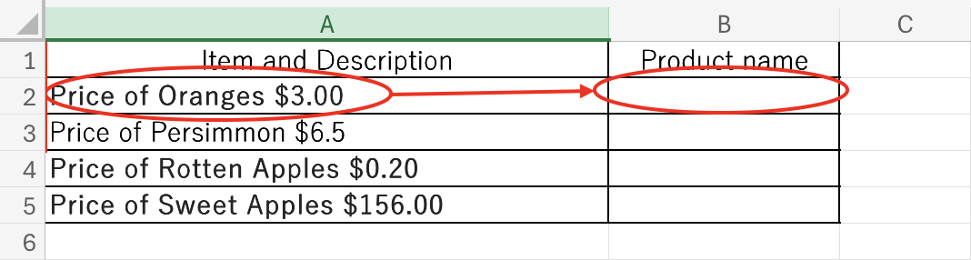 I want to display only the left side of the "A2" cell without the amount.